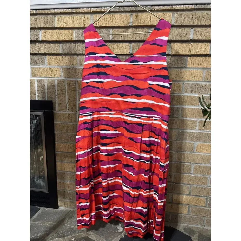 Anne Klein Sz 20w Red Pink Navy Wave Stripe A Line Flare dress Cocktail Resort - Picture 3 of 9